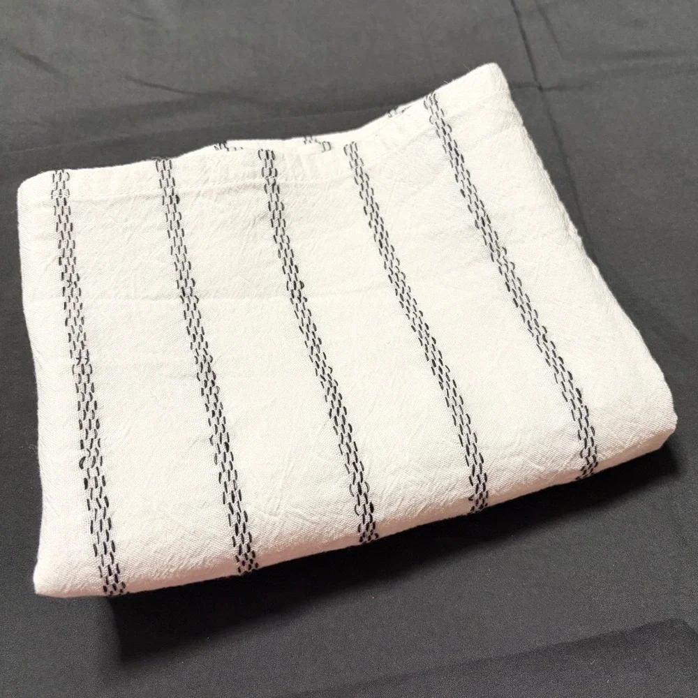 Farmhouse Table Runner White Black Striped Embroidered Boho Rustic Decor 70x14